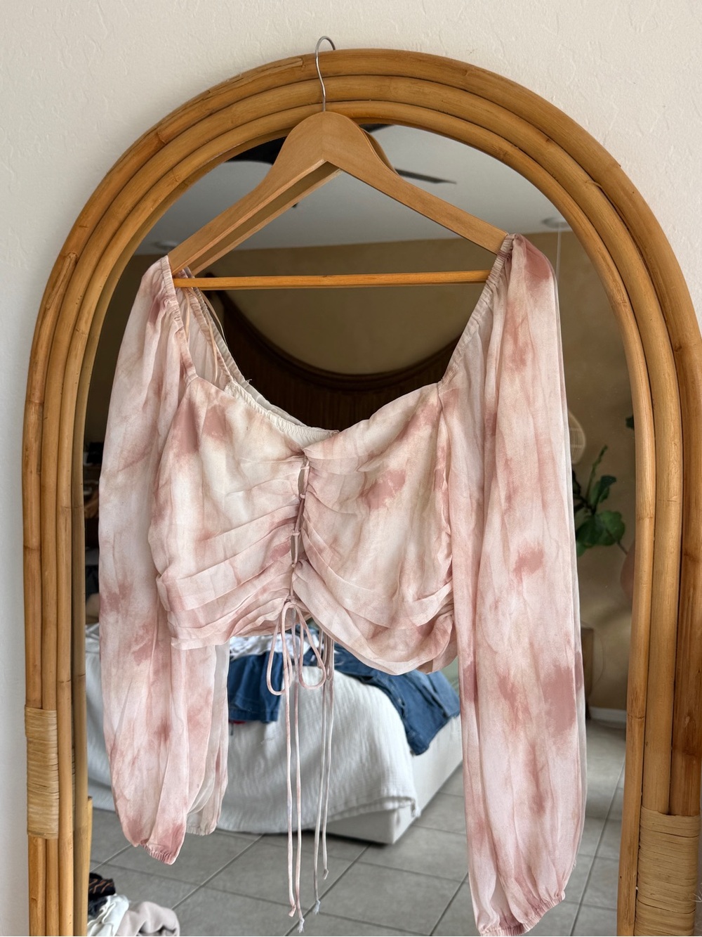 Pink Ruched Tie-Front Peasant Blouse
